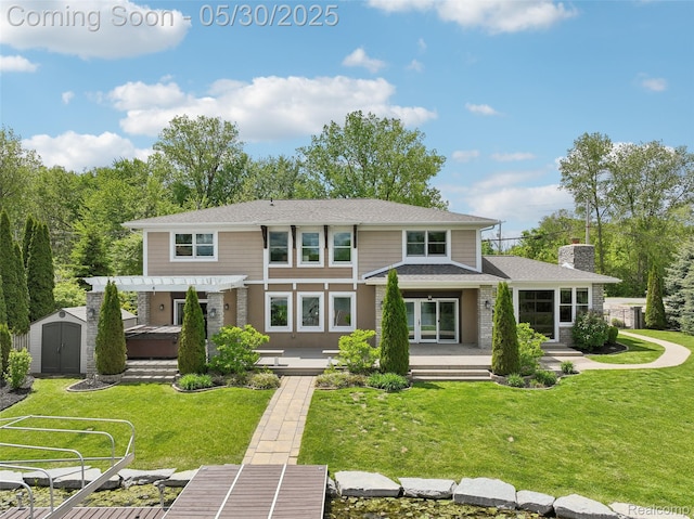 13525 Torrey Rd, Fenton, MI 48430 - view of front of property featuring a pergola, a chimney, a front yard, and a patio area