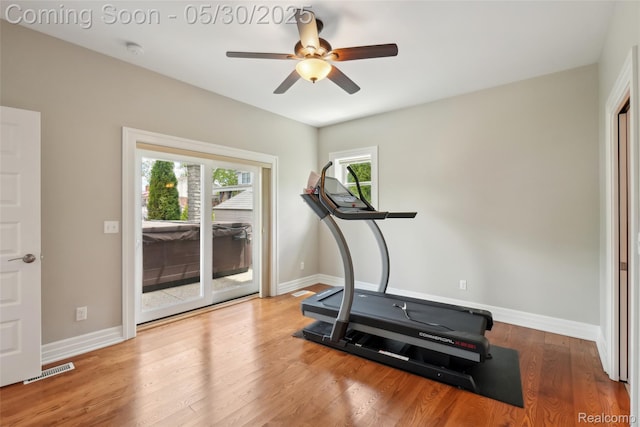 13525 Torrey Rd, Fenton, MI 48430 - exercise room featuring ceiling fan, baseboards, and wood finished floors