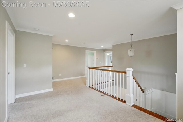 13525 Torrey Rd, Fenton, MI 48430 - hallway featuring an upstairs landing, carpet floors, crown molding, recessed lighting, and baseboards
