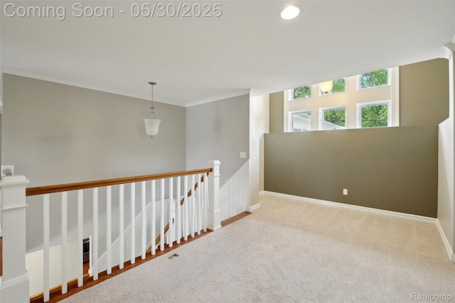 13525 Torrey Rd, Fenton, MI 48430 - corridor with an upstairs landing, carpet flooring, crown molding, baseboards, and recessed lighting