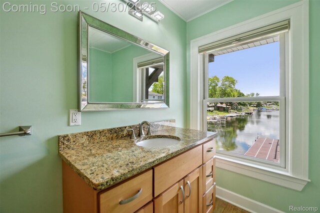 13525 Torrey Rd, Fenton, MI 48430 - bathroom with a water view, vanity, ornamental molding, and wood finished floors