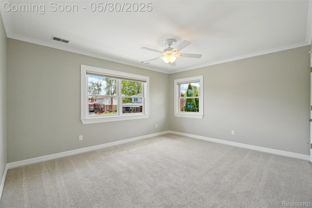 13525 Torrey Rd, Fenton, MI 48430 - unfurnished room featuring ornamental molding, healthy amount of natural light, baseboards, carpet, and a ceiling fan