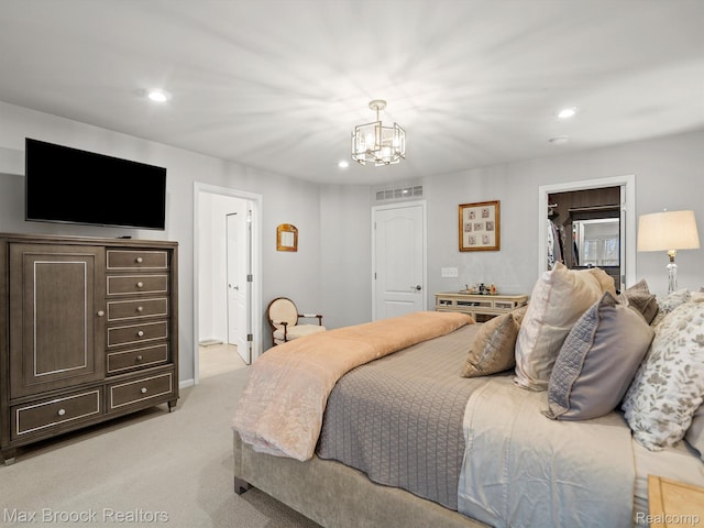 764 Hummingbird Dr, Rochester, MI 48307 - bedroom with recessed lighting, light carpet, a chandelier, a walk in closet, and a closet