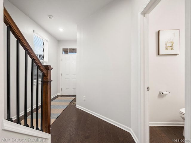 764 Hummingbird Dr, Rochester, MI 48307 - entrance foyer with dark wood-style flooring, stairs, baseboards, and recessed lighting