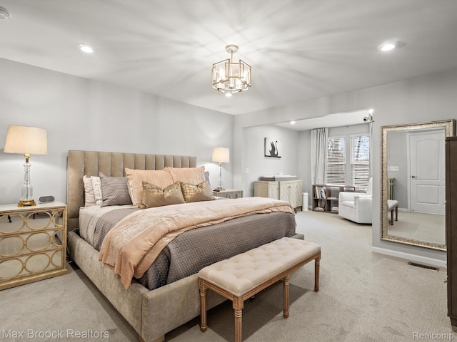 764 Hummingbird Dr, Rochester, MI 48307 - bedroom featuring light carpet, recessed lighting, and a chandelier