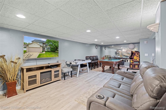 18615 Andrew Ln, New Boston, MI 48164 - living room featuring billiards table, wood finished floors, recessed lighting, and a drop ceiling