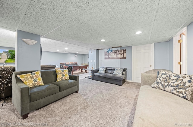 18615 Andrew Ln, New Boston, MI 48164 - living room with carpet, billiards table, recessed lighting, a paneled ceiling, and baseboards