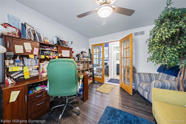 18615 Andrew Ln, New Boston, MI 48164 - office area with french doors, wood finished floors, and ceiling fan