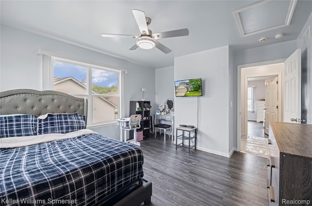 18615 Andrew Ln, New Boston, MI 48164 - bedroom featuring dark wood-type flooring, baseboards, attic access, and ceiling fan