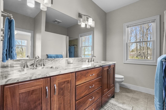 333 S W Silver Lake Rd, Michigan, MI 49685 - bathroom featuring double vanity, toilet, plenty of natural light, and a shower