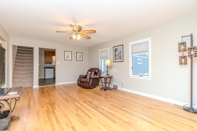 3063 Lansdowne Rd, Waterford, MI 48329 - sitting room with ceiling fan, light wood-style floors, stairway, and baseboards