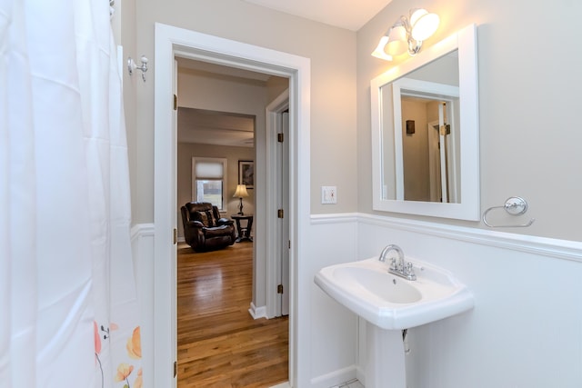3063 Lansdowne Rd, Waterford, MI 48329 - bathroom with wood finished floors, wainscoting, a decorative wall, and a sink