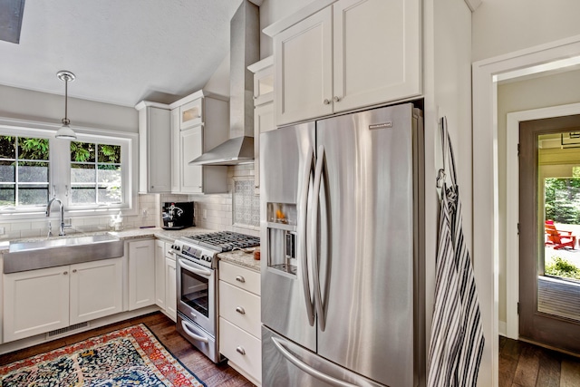 283 Wiley Rd, Douglas, MI 49406 - kitchen featuring appliances with stainless steel finishes, wall chimney range hood, a sink, dark wood-style floors, and plenty of natural light