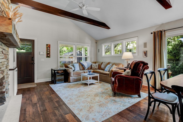 283 Wiley Rd, Douglas, MI 49406 - living room featuring beam ceiling, dark wood-type flooring, plenty of natural light, a ceiling fan, and high vaulted ceiling