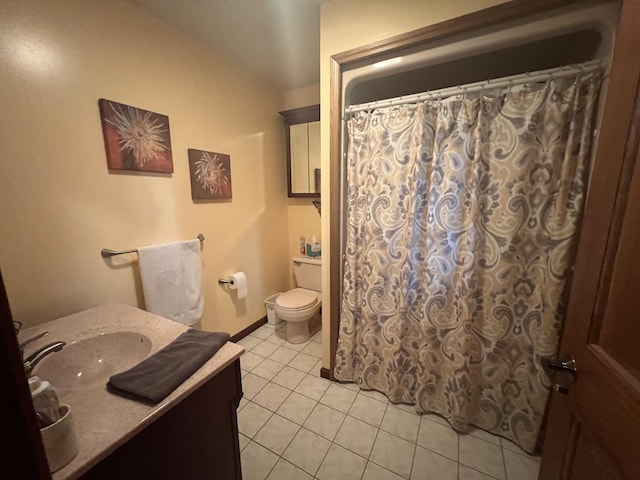 12050 S Ponderosa, Sand Lake, MI 49343 - full bath with vanity, tile patterned flooring, toilet, curtained shower, and vaulted ceiling