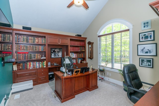 10543 Lakeshore Dr, West Olive, MI 49460 - office space featuring ceiling fan, light carpet, high vaulted ceiling, and baseboards