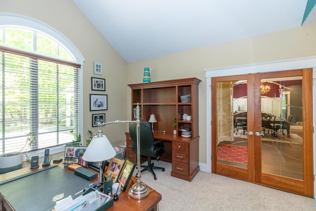 10543 Lakeshore Dr, West Olive, MI 49460 - office area featuring light carpet, vaulted ceiling, plenty of natural light, and french doors