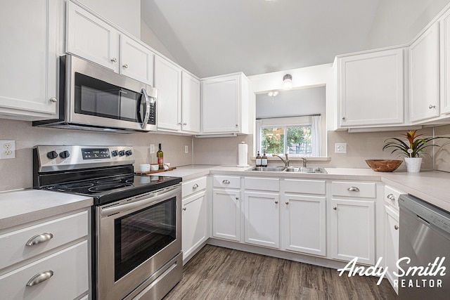 319 Nestlewood Dr Unit 3, Holland, MI 49424 - kitchen with stainless steel appliances, a sink, white cabinets, vaulted ceiling, and light countertops