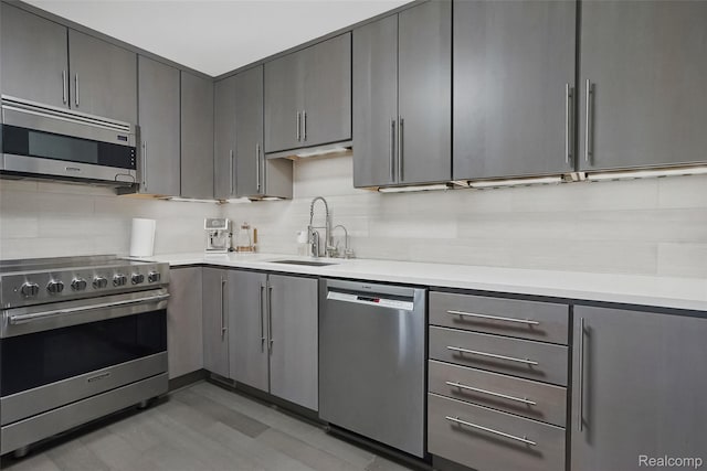 1050 Wall St Unit 8F, Ann Arbor, MI 48105 - kitchen with stainless steel appliances, a sink, gray cabinetry, tasteful backsplash, and light countertops