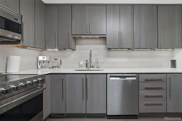 1050 Wall St Unit 8F, Ann Arbor, MI 48105 - kitchen with stainless steel appliances, a sink, gray cabinets, and backsplash