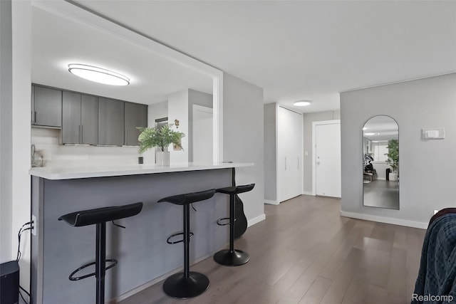 1050 Wall St Unit 8F, Ann Arbor, MI 48105 - kitchen with dark wood finished floors, a kitchen breakfast bar, gray cabinetry, baseboards, and light countertops