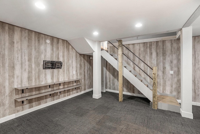 4958 Juniper Rdg, Newaygo, MI 49337 - finished basement featuring carpet, stairs, recessed lighting, baseboards, and wood walls