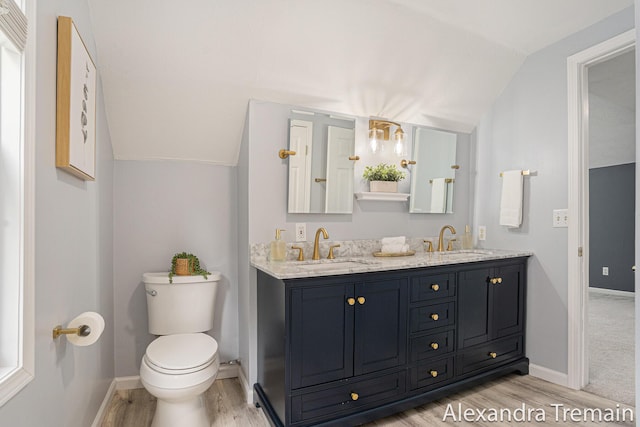 1046 Kenesaw Dr SE, East Grand Rapids, MI 49506 - full bath with wood finished floors, double vanity, lofted ceiling, toilet, and baseboards