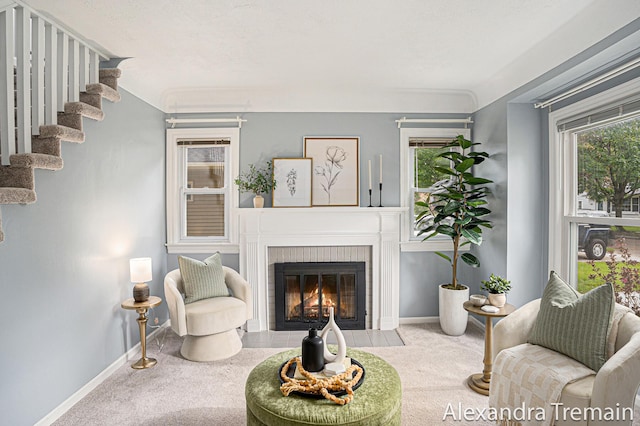 1046 Kenesaw Dr SE, East Grand Rapids, MI 49506 - living area with carpet floors, baseboards, and a brick fireplace
