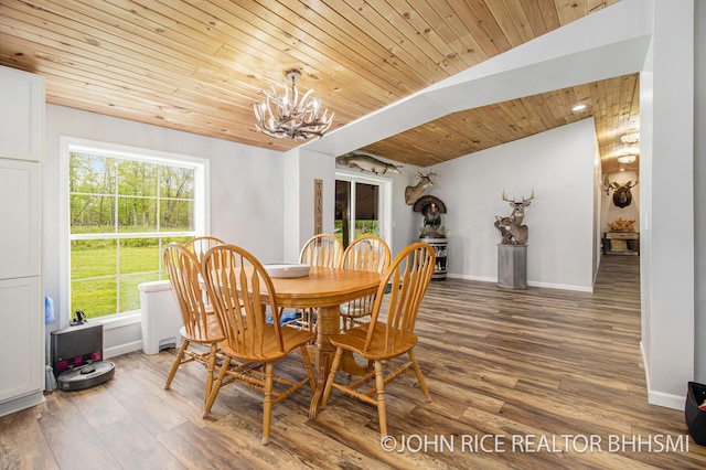 4527 Clareola Ave, Lake, MI 48632 - dining area with wood ceiling, a chandelier, lofted ceiling, wood finished floors, and baseboards