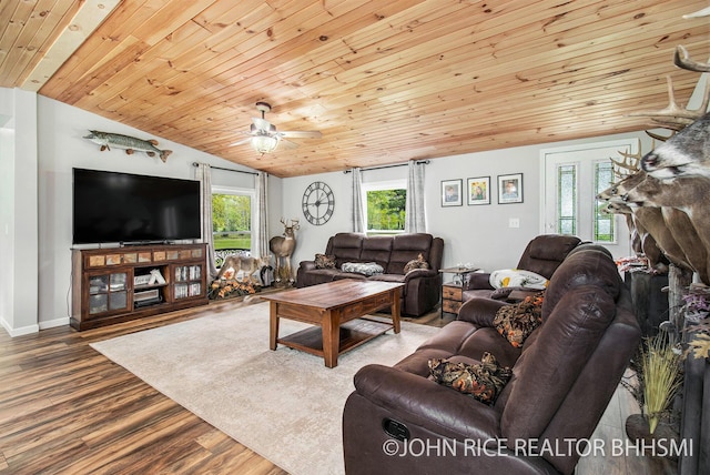 4527 Clareola Ave, Lake, MI 48632 - living area featuring vaulted ceiling, ceiling fan, wooden ceiling, and wood finished floors