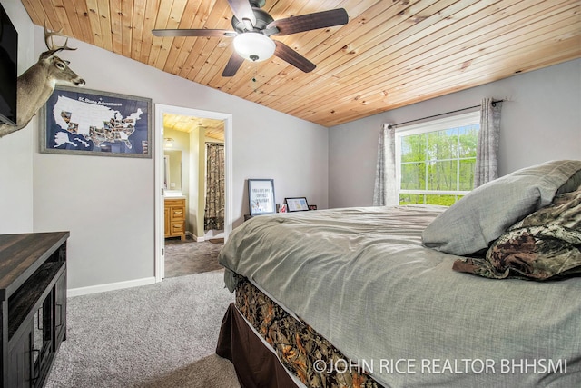 4527 Clareola Ave, Lake, MI 48632 - carpeted bedroom with wood ceiling, baseboards, ensuite bath, and a ceiling fan