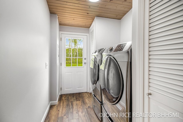 4527 Clareola Ave, Lake, MI 48632 - laundry room with washing machine and dryer, wood ceiling, baseboards, and dark wood finished floors