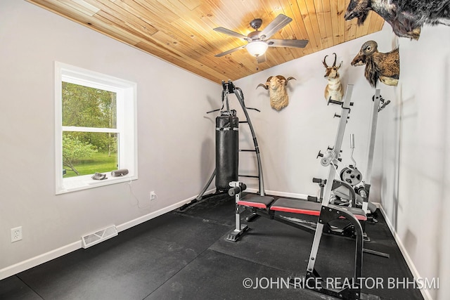4527 Clareola Ave, Lake, MI 48632 - exercise area with wooden ceiling, baseboards, and ceiling fan