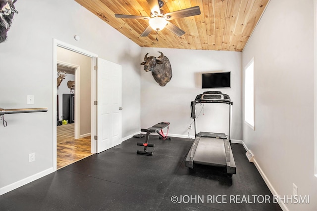 4527 Clareola Ave, Lake, MI 48632 - workout room with wooden ceiling, baseboards, a ceiling fan, and vaulted ceiling