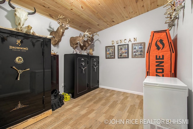 4527 Clareola Ave, Lake, MI 48632 - rec room with wood ceiling, light carpet, baseboards, and vaulted ceiling