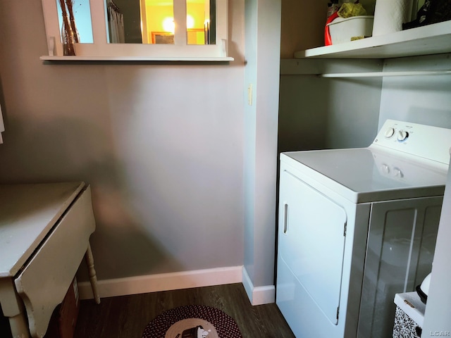 12765 Sand Creek Highway, Sand Creek, MI 49279 - laundry room with washer / clothes dryer, dark wood-style flooring, and baseboards