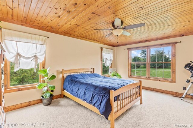 3434 Brown City Rd, Imlay City, MI 48444 - bedroom with carpet flooring, wooden ceiling, baseboards, and a ceiling fan