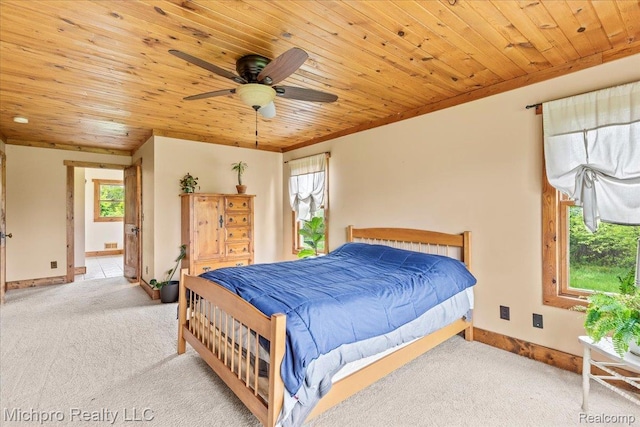 3434 Brown City Rd, Imlay City, MI 48444 - carpeted bedroom with wood ceiling, baseboards, and a ceiling fan