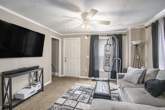 2149 Luella St, Kalamazoo, MI 49001 - living room featuring carpet flooring, ceiling fan, baseboards, and crown molding