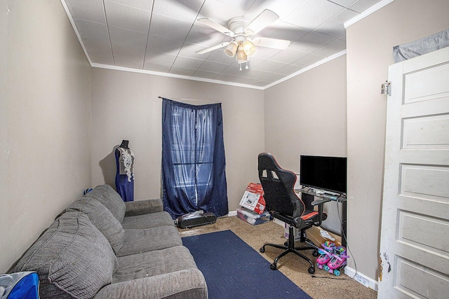 2149 Luella St, Kalamazoo, MI 49001 - carpeted office space featuring crown molding, a ceiling fan, and baseboards