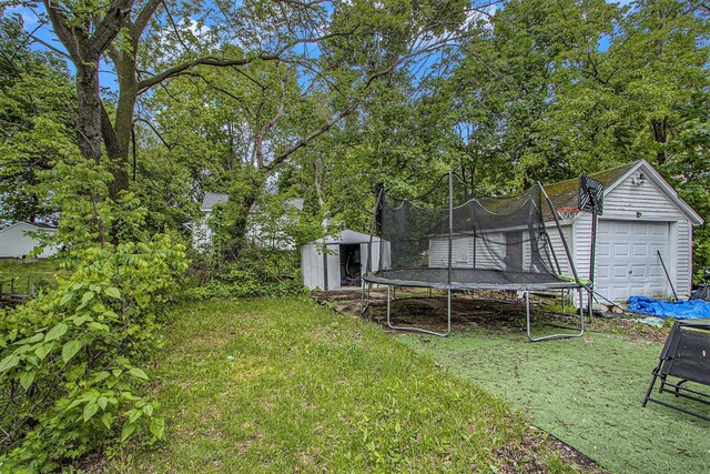 2149 Luella St, Kalamazoo, MI 49001 - view of green lawn with a trampoline, a garage, and view of scattered trees