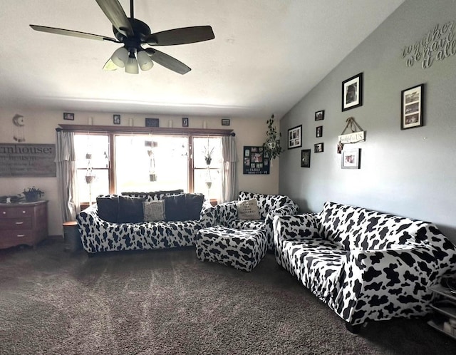 132 W Lansing Rd, Morrice, MI 48857 - living room featuring carpet flooring, vaulted ceiling, and ceiling fan