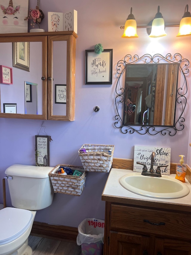 132 W Lansing Rd, Morrice, MI 48857 - half bathroom featuring toilet, vanity, baseboards, and wood finished floors