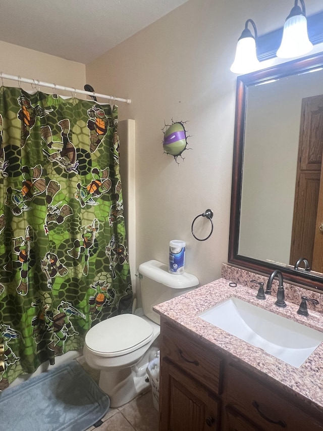 132 W Lansing Rd, Morrice, MI 48857 - bathroom with vanity, toilet, tile patterned floors, and a shower with shower curtain
