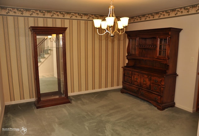 3478 N Gale Rd, Davison, MI 48423 - dining area with a chandelier, wallpapered walls, carpet floors, stairs, and baseboards