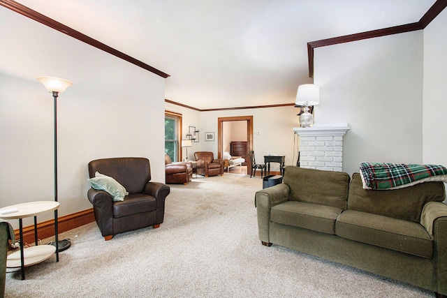 110 N O Keefe St, Cassopolis, MI 49031 - living area with carpet, crown molding, baseboards, and a brick fireplace