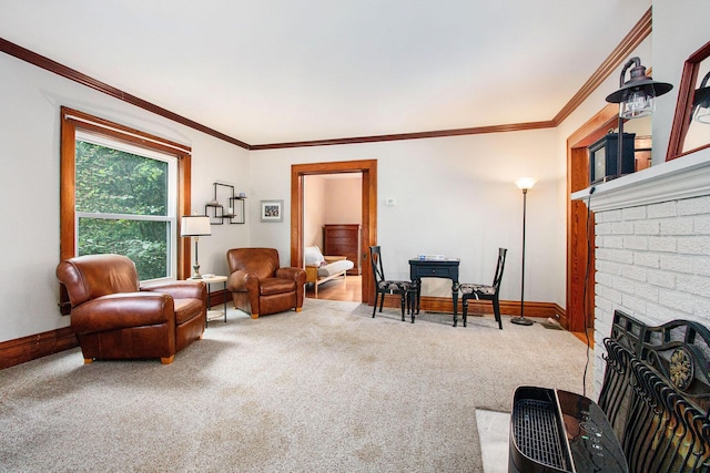 110 N O Keefe St, Cassopolis, MI 49031 - living area featuring carpet, baseboards, a brick fireplace, and crown molding