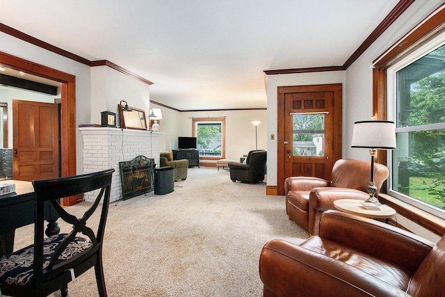110 N O Keefe St, Cassopolis, MI 49031 - living room with carpet, ornamental molding, a fireplace, and baseboards