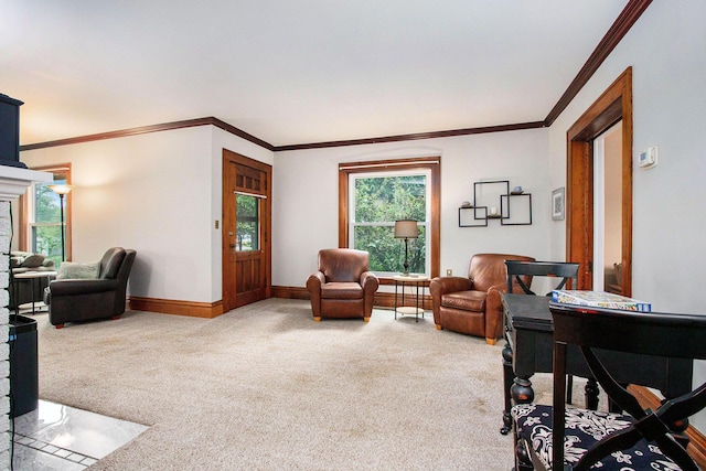 110 N O Keefe St, Cassopolis, MI 49031 - living area featuring light colored carpet, healthy amount of natural light, baseboards, and crown molding