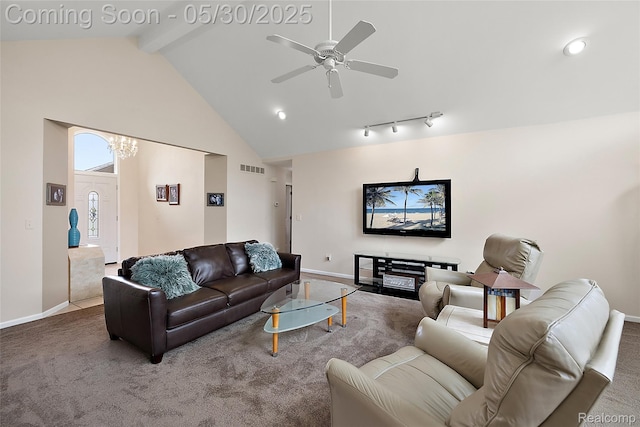 16106 Nathan Dr, Macomb, MI 48044 - carpeted living room with baseboards, a chandelier, beamed ceiling, a ceiling fan, and high vaulted ceiling